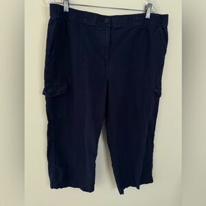 Talbots linen cotton crop pants navy blue zip button partial elastic waist SZ 16